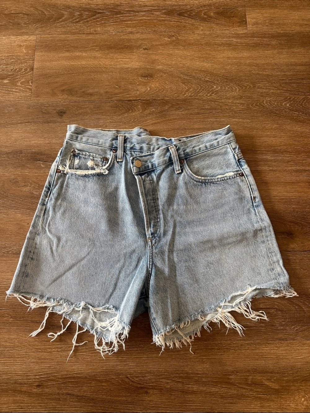 Agolde Light Blue Frayed Hem High-Rise Denim Shorts